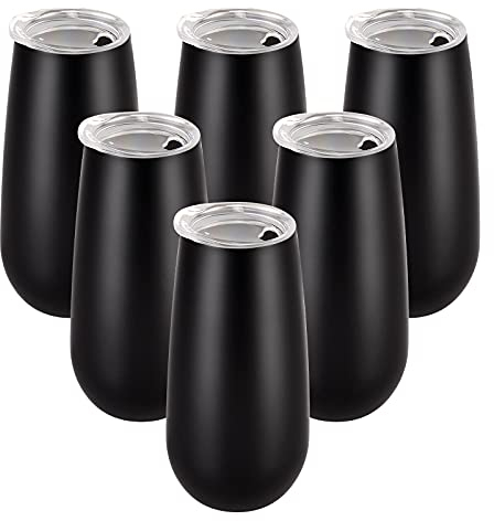 Lot de 6 flûtes à champagne sans pied à double isolation avec couvercle, incassables et réutilisables, 177 ml, verres à champagne, cadeaux d'anniversaire, de Noël pour amis, noir