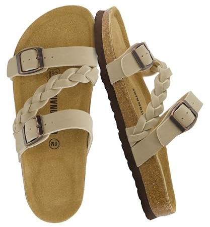 CUSHIONAIRE Lizzy Cork Footbed Womens Sandals - Comfortable Braided Summer Slip On Slide Sandals for Women 2026, STONE 9