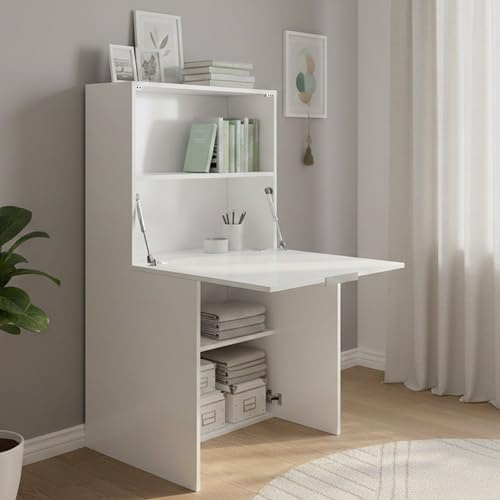 Dmora - Scrivania Gianpiero, Mobile multiuso con scaffali e piano da lavoro, Tavolo multiuso per ufficio, Scrivania salvaspazio multiposizione, 100% Made in Italy, cm 70x35h140, Bianco lucido
