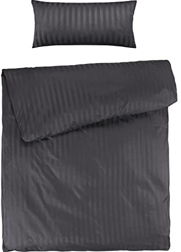 Pure Label Mako Satin Damast Streifen Bettwäsche dunkelgrau 135 x 200 cm mit Kissenbezug 40 x 80 cm aus 100% Baumwolle | Traumhaft weiches Mako Satin Bettwäsche Set in Uni