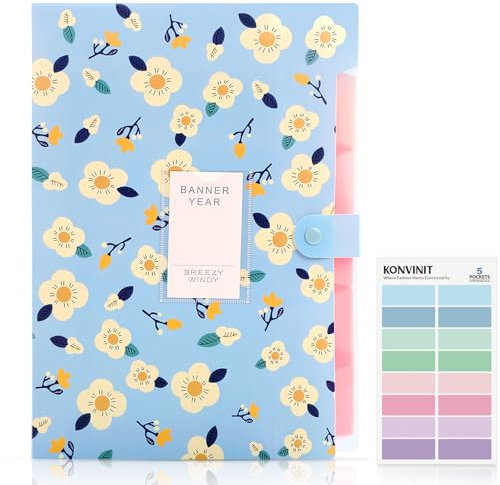 KONVINIT Dokumentenmappe Fächermappe A4 Mappe mit 5 Fächern PP Floral Bedruckt Akkordeon Dokument Ordner Folder Document Organizer,Ordnungsmappe mit Druckknopf,Blau