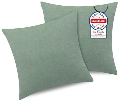 ATsense 2er Set Kissenbezug 50x50 cm - 100% Gewaschene Baumwolle, Grün Kopfkissenbezug mit Reißverschluss, Oeko-TEX Zertifiziert Weich, Nicht Lleicht Verformbar
