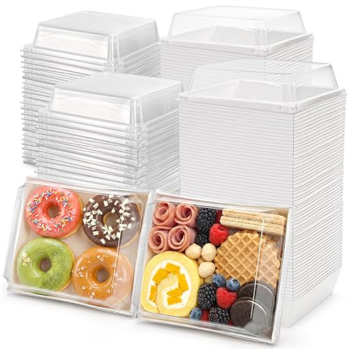 Hiceeden 100 Stück weiße Papier-Charcuterie-Boxen,Kuchenschachteln mit Transparentem Deckel,12,5 cm Quadratische, Lebensmittelechte, Wiederverwendbare Dessertkuchenschachteln