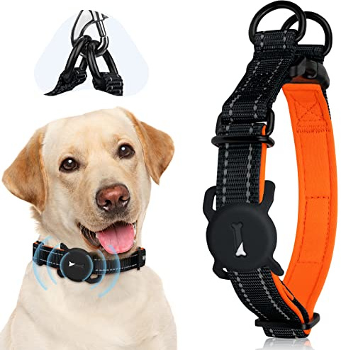 Dasbulk Airtag Hundhalsband, Nylon med Neopren-vadderat, Reflekterande, Justerbart för Små och Medelstora Hundar, Airtag Inte Inkluderat (S, Svart)