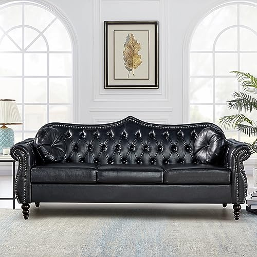 AVZEAR 82 Three Seater Leather Sofa, Chesterfield Sofa, Mid-Century Modern PU Upholstered Sofa Couch, Deep Button Tufted Living Room Sofa with Two Throw Pillows, Black