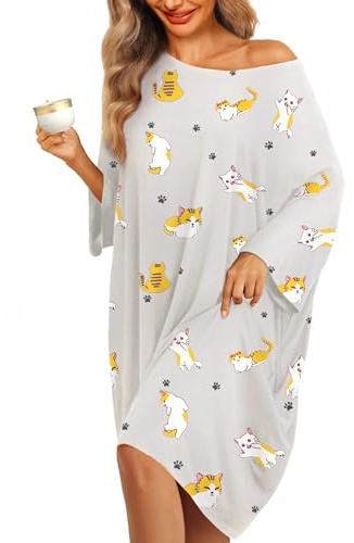KFUBUO Camicie da Notte Taglie Forti per Le Donne Magliette da Notte Oversize Abito Maniche Corte Indumenti da Notte con Tasca vestibilità S-5XL, Gatto Grigio, Oversized