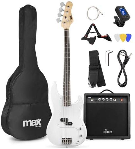 MAX GigKit Bassgitarre Set, E Bass Gitarre, Bass Guitar mit Gitarrenverstärker, Tasche, Stimmgerät, Plektren, Ständer, Gurt, Kabel und Ersatzsaiten - 21 Bünde - Weiß