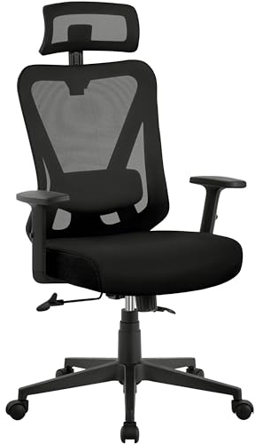 Yaheetech Chaise de Bureau Ergonomique Inclinaison Verrouillable Fauteuil de Bureau en Maille avec Support Lombaire et Appui-tête Accoudoirs Réglables roulettes Pivotantes Charge 136 kg Noir