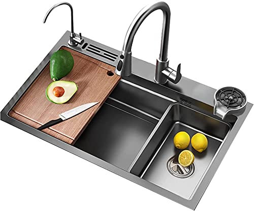Waschbecken für zu Hause, Küchenspülen, schwarze Einzelbecken-Unterbau-Küchenspüle aus Edelstahl 304 für Zuhause/Bar/Arbeitsplatz/Einbauspüle, mit Warm- und Kaltwasserhahn, Druckbecherspüler