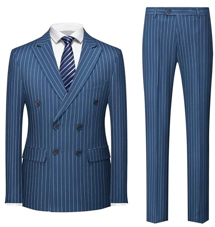 MOGU Mens Double Breasted Pinstripe Suit 2 Piece Slim Fit Tuxedo Formal Jacket and Pants for Business Wedding Prom Size XL Lake Blue