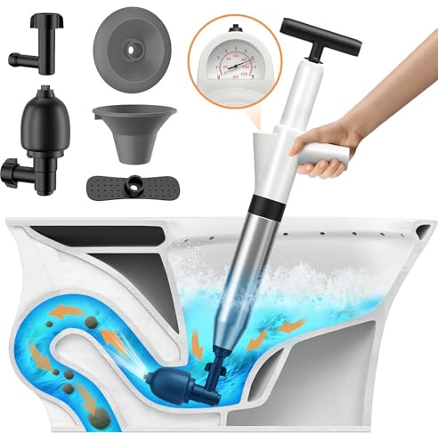 Toilet Plunger, Drain Clog Remover, High-Pressure Air Drain Blaster with Real-Time Barometer Powerful Drain Snake Sink Plunger Plumbing Tools, Plungers for Bathroom, Sink, Floor, Kitchen Clogged