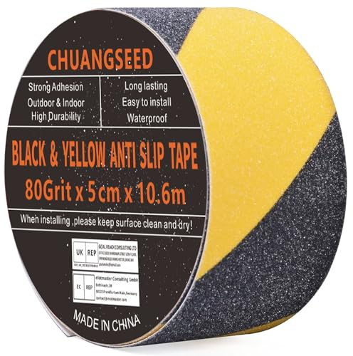 CHUANGSEED Schwarz&Gelb Anti-Rutsch-Klebeband 5cm x 10,6m High Grip Anti-Rutsch-Klebeband, für Treppen, Stufen, für Drinnen und Draußen