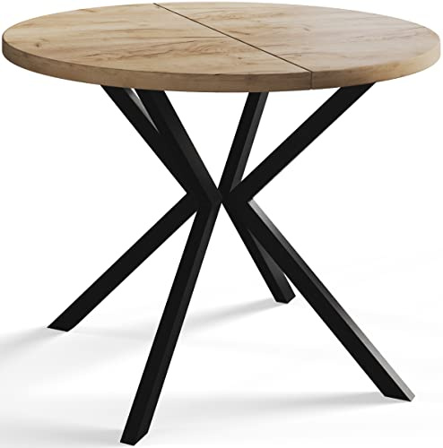 AlpiMeble Esszimmertisch Ausziehbarer 90-170cm, Braun, Schwarze Metallbeine | Runder Tish Loft Liten, Wohnzimmertisch, Küchentisch und Esszimmertisch