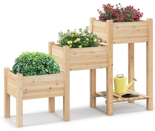 HOMASIS Plate-Bande sur Pied en Bois de Sapin avec 3 jardinières et étagères, Parterre de Fleurs d'Extérieur avec Trous de Drainage, Jardinière Surélevée pour Jardin, Balcon, Terrasse
