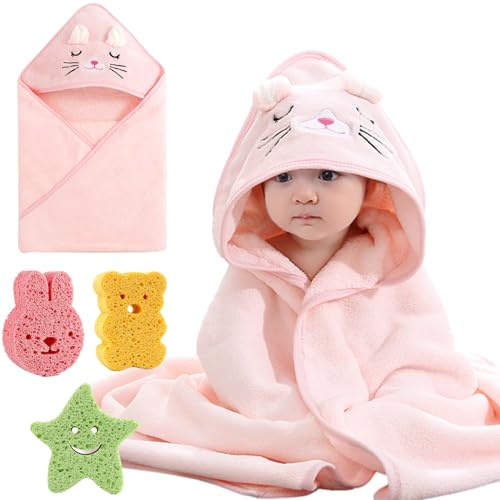 Baby Kapuzenhandtuch mit 3 Badeschwämme, Weich Baby Badetücher, Baby Badehandtuch mit Kapuze, Baby Waschlappen Handtücher mit Süßen Ohren, für Neugeborene/Kleinkinder 0-3 Jahre (Pinke Katze)