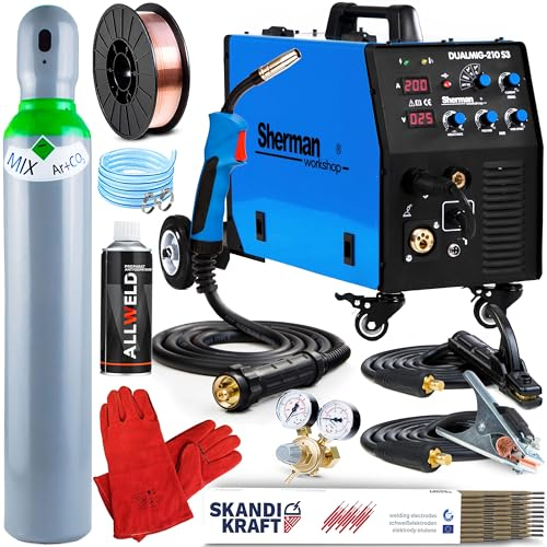 Sherman DUALMIG 210 S3-200A MIG MAG Schweißgerät mit Schutzgas und Fülldraht mit Fahrwerk - mit WIG DC, Induktivität, Lötschweißen und MMA-Schweißmodi - Set: Professional