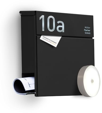 Radius Designer Briefkasten Schwarz personalisiert – Letterman 6 mit Lasergravur – Edelstahl V2A Wandbriefkasten mit Zeitungsfach - 10 Jahre Funktions- & Korrosionsgarantie - inkl. Montageset