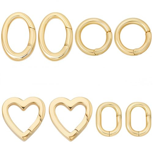 SUNNYCLUE 8 Stück 4 Stile Echte 18 Karat Vergoldete Feder O Ringe Schmuck Ovaler Verschluss Herz Runder Messing Torring Auslöser Karabinerclips Schlüsselring Karabinerhaken Schnalle Für Geldbörse Schm