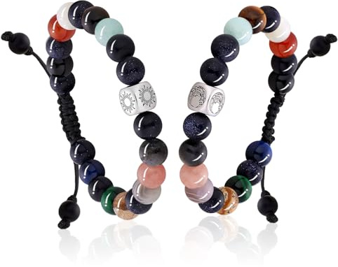 TOTWOO Perlen-Armbänder, Naturstein & Edelstahl Energieschmuck für Paare, Verstellbar & Stapelbar, Sonne-Mond-Nicht-Smart-Armband mit Positiver Energie, das Ideale Geschenk für Liebe und Freundschaft
