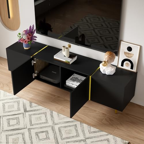 Zepneiy Meuble TV Brillant à Quatre Portes, 170 × 35 × 46 cm, Design Minimaliste Moderne, Noir