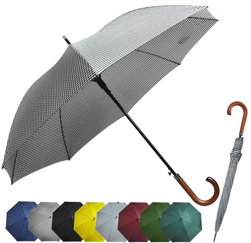 Baulkim 52 Large Umbrella – Windproof Stick Plaid Umbrella For Rain, Automatic Open, Vintage Cane Umbrellas With Curved Wooden Handle, Durable Travel Parasol For Men & Women (Plaid)