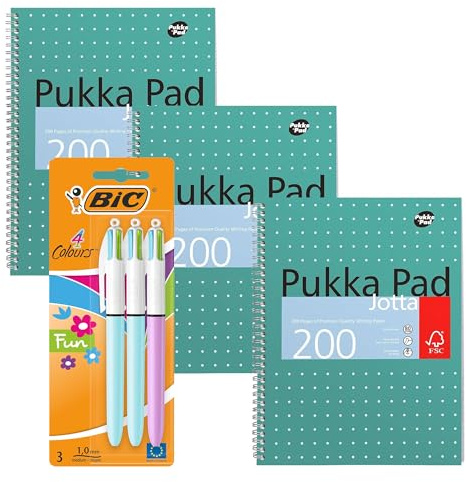 BIC Druckkugelschreiber, mittlere Spitze, 4 Farben, 3 Stück, Pukka-Block, A4, metallisches Jotta-Buch, 3 Stück, Spiralbindung, 8 mm Linien, 80 g/m² Papier, 4-fach Locher, perforierte Kanten, 200