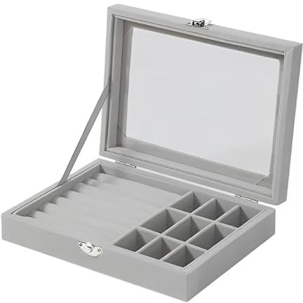 Herzberg,HG05361, Smyckesorganisatör i sammet med glastopp, 9 fack och 7 ringplatser, kompakt storlek, elegant färg