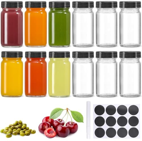 KAHEIGN 12Pcs Kleine Shot Flaschen zum befüllen, 60ml Glas Ingwer Shot Flaschen mit Deckel, Mini Glasflaschen Mehrweg Ingwer Schnapsflaschen Saftglasflaschen für Saft Smoothie Ingwer Shot Whiskey
