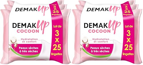 Demak'Up Cocoon Lingettes à démaquiller - Visage et Yeux - Peaux Sèches à Très Sèches - 3x25 Lingettes démaquillantes (Lot de 2)