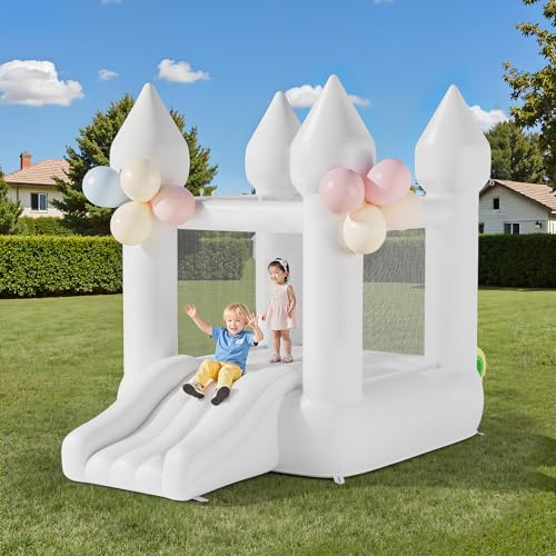 Warmiehomy White Bouncy Castle Indoor with Slide Bounce House for Kids Age 3-8 Wedding Photo Booth for Garden Park Backyard Wedding Birthday Party Childrens Gifts
