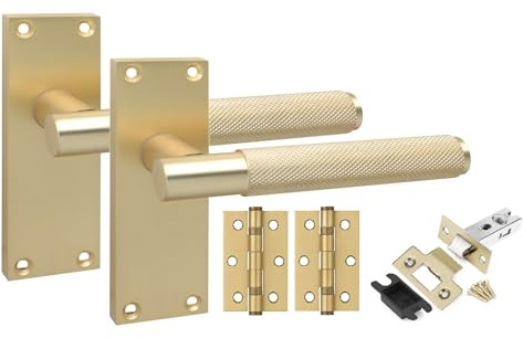 Golden Grace 1 Pair Victorian T-Bar Knurled Internal Door Handle Sets Satin Brushed Brass 120 x 40mm with 2.5 Latch & Hinges
