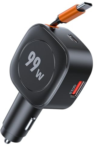99W 3 EN 1 Cargador Coche Retráctil Carga Rápida, Adaptador Cargador Mechero Rápido PD 3.0 QC 3.0 Compatible con iPhone 17 Pro MAX Air/iPhone 16/15/14, Samsung, Galaxy, Android, MacBook, iPad.