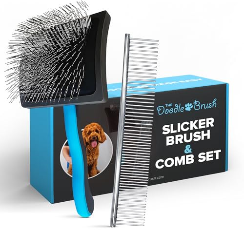 The Doodle Brush Slickerborste för Hundar med Metallkam Grooming Kit | Hundborste För Pälsborttagning, Långhåriga Hundar, Doodlehundborste, Ergonomiskt Handtag, Extra Långa Piggar, Poodle