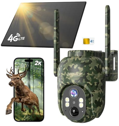 DFGRD 4G LTE Solar Wildkamera mit SIM Karte, 2K PTZ Überwachungskamera mit Handyübertragung App, 355° Schwenk, 10400mAh Akku, Nachtsicht, Bewegungsmelder, IP66 Wasserdicht