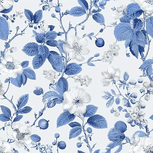 Modern Blue and White Floral Removable Self-Adhesive Wallpaper for Bedroom & Living Room Decor 17.7×118 Inch,Waterproof Wall Covering for Accent Walls, Apartment, Nursery
