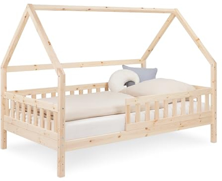 Ehrenkind® Hausbett 120x200 cm aus Kiefer, Kinderbett & Bodenbett mit Rausfallschutz und Rollrost, Montessori Bett aus Massivholz