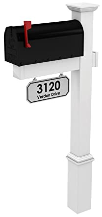 4Ever Products The Amelia Vinyl Mailbox Post System - Includes Steel Mailbox and Custom Street Address (Black Mailbox)
