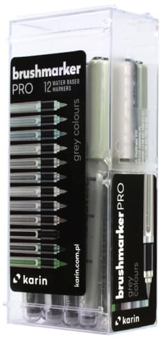 KARIN Brushmarker PRO 12 Grey Colours set. Brushmarker mit Ink-Free System, 2, 4 ml Flüssiger Farbe.