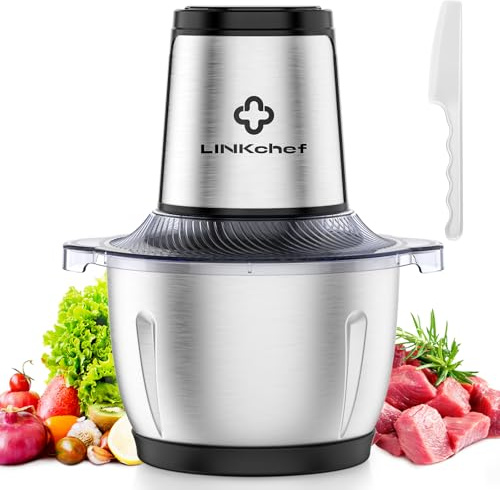 LINKChef Food Processor Small, 6 Cup Food Chopper with Container, 1.5L 250W Electric Meat Grinder for Home Use, Stainless Steel Mini Food Processor for Kitchen, Vegetable, Onion, Garlic, Salad