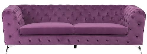 Modern 3-sits Sammet Soffa Knappar Tuftad Chesterfield Lågt Ryggstöd Lila Sotra