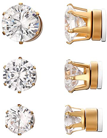 Flongo 3 paar Damen Ohrringe kein Loch Ohrstecker Zirkonia Gestüt Ohrringe Herren Ohrstecker Silber Schwarz Gold Fake Plug ohne Loch Ohrschmuck Set für Termine, Bankette, Partys