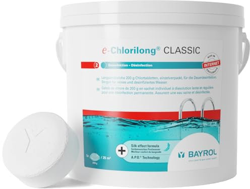 BAYROL e-Chlorilong Classic 5 kg - Galets de Chlore Lent 200 g - 92% de Substance Active - pour Tous Types de filtres - Formule Silk Effect - désinfection permanente