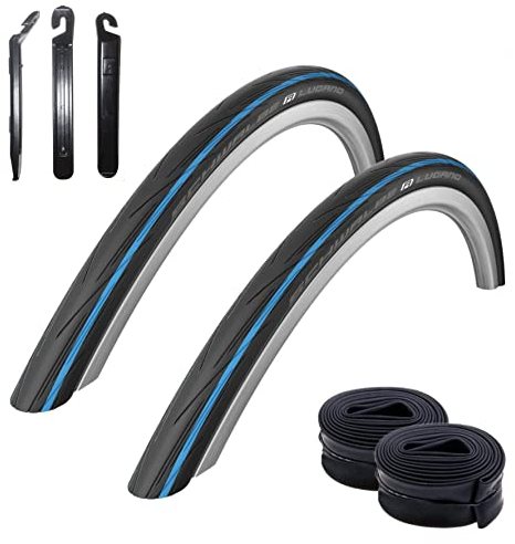 2 x Schwalbe Lugano 28 Rennradreifen Reifen Schwarz - Blauer Streifen 700 x 25C (25-622) + 2 Schwalbe Schläuche SV15 lang (60 mm) inkl. 3 Reifenheber