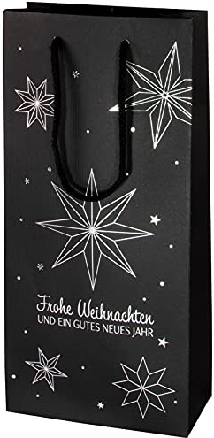 5 Stück. Wein Geschenktüte Weihnachten, für 2 Flaschen, Schwarz & Silber, Sternen Motiv