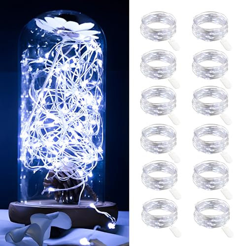 Dufuso Lot de 12 Guirlande led à pile, 2m 20 LEDs Guirlande Lumineuse Intérieur, Mini Guirlande led pour Jardin, Chambre, Mariage, Fête, Noë -Blanc Froid