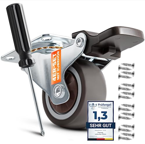 PEARWAY™ Lot de 4 roulettes pivotantes de qualité supérieure de 32 mm avec frein,Accessoires de montage inclus,Roulettes avec frein,Roulettes pour meubles jusqu'à 60 kg