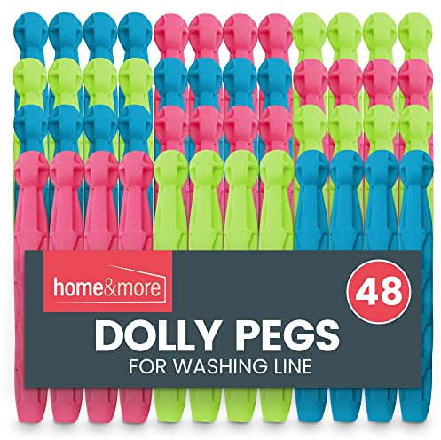 SOL 48pk Dolly Pegs for Washing Line, Heavy Duty Plastic Clips for Clothes. Extra Strong Grip, Weather-Resistant, Ideal for Drying Laundry Outdoors or Indoors, Keeps Clothes Secure in All Conditions