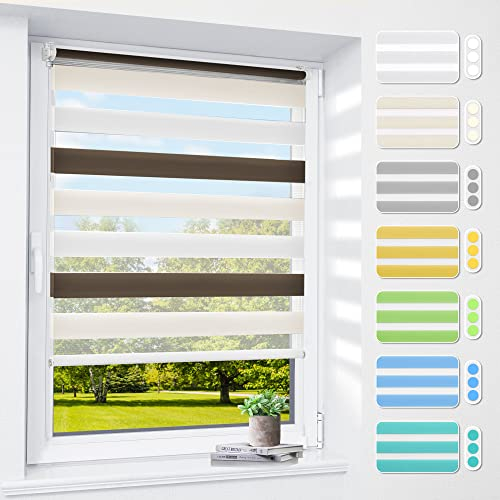Doppelrollo klemmfix ohne Bohren & mit Bohren, 70x120cm (BxH) Weiß Creme Braun, 3-in-1 Duo Rollo für Fenster & Tür, Fensterrollo innen lichtdurchlässig & verdunkelnd, Klemmrollo Rollos Sonnenschutz