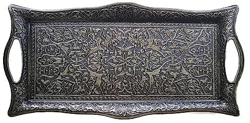 Vintage Metal Serving Tray with Raised Edges, Rectangular Decorative Platter - Turkish Ottoman Coffee Tea Beverage Tray (Smoke Gray)