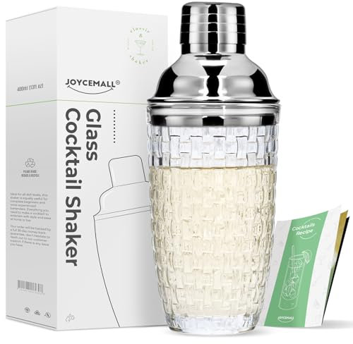 Glass Cocktail Shaker Kit, JOYCEMALL 13 Ounce Martini Mocktail Making Set with Leakproof Metallic Steel Lid & Strainer for Home Use & Bar Cart - Silver